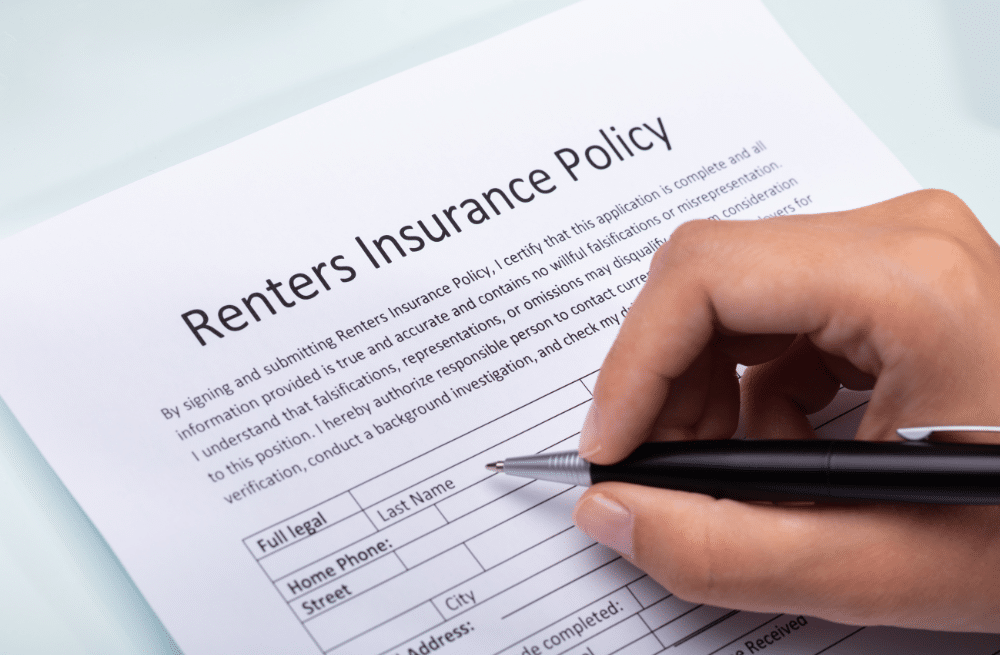 A person with a pen looking at a renters insurance policy.