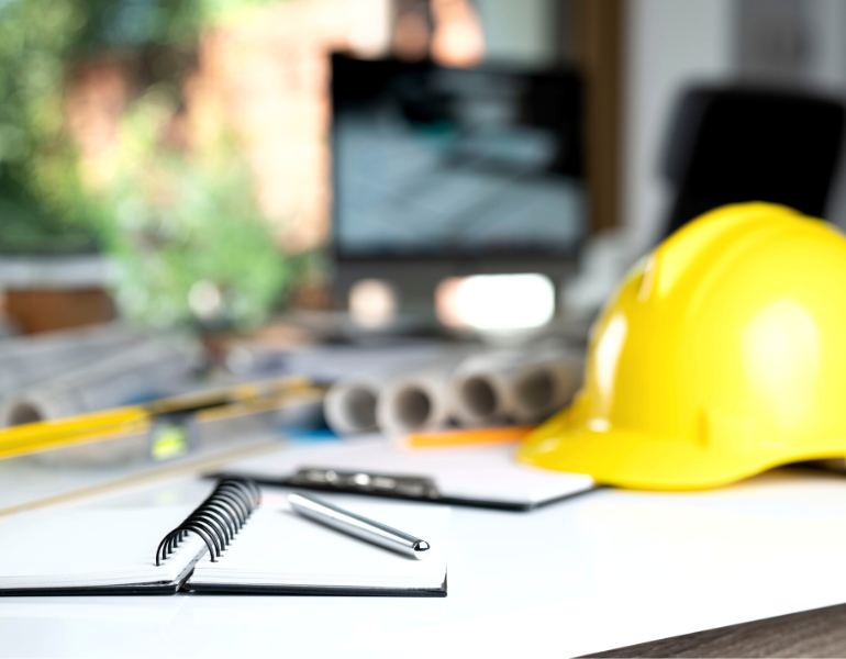 a pic of a desk with supplies and a hard hat