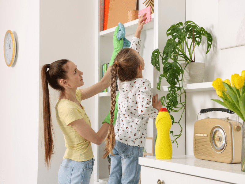 a mother and young daughter Spring Cleaning