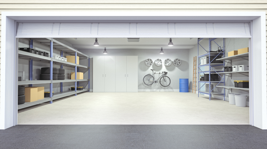 A garage that is organized and decorated with white.