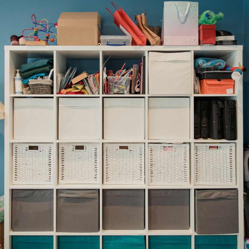 Storage cabinets that have been organized.