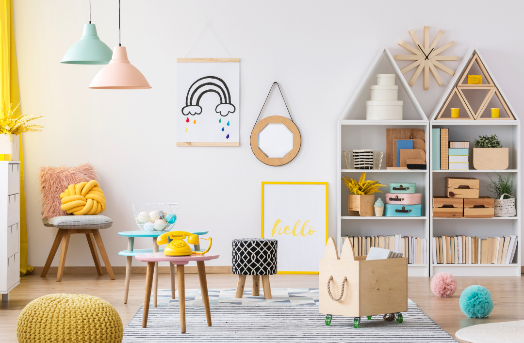Childs bedroom filled with books and toys.